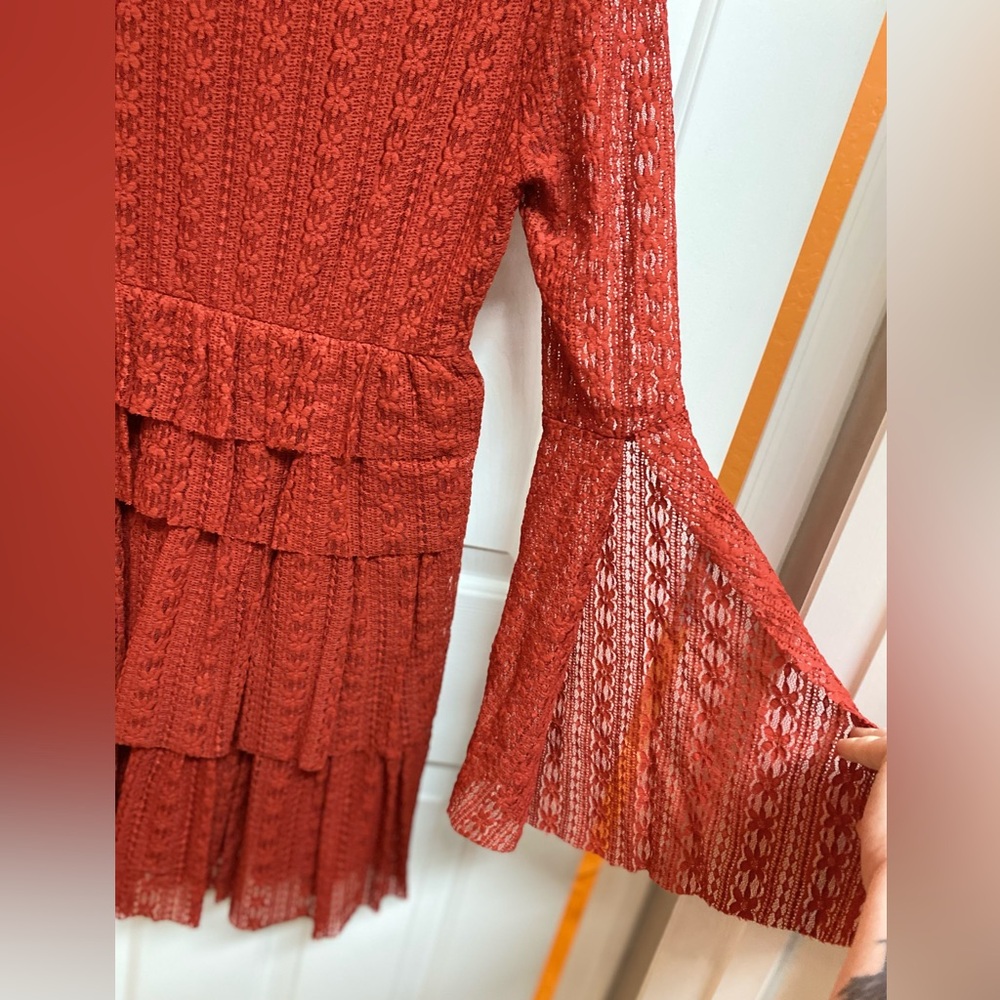 Rust Red Lace Boho Dress Spring Summer Bohemian Flowy Statement Bell Sleeve - Picture 3 of 5